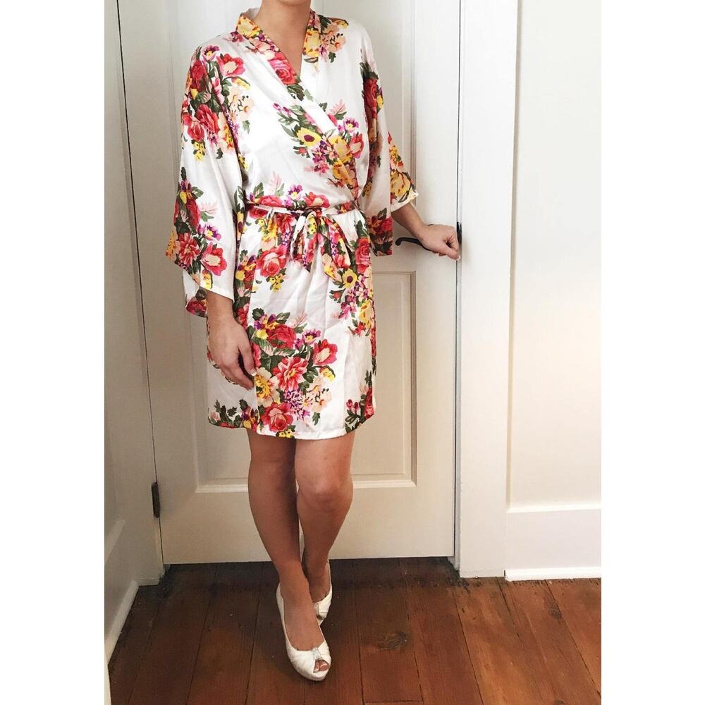 Ivory and Floral Satin Robe